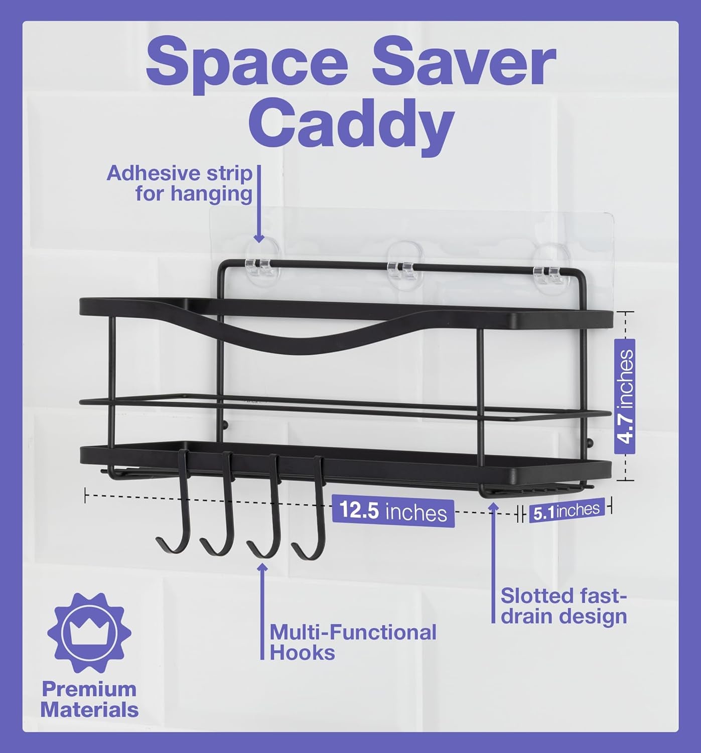 Premium Shower Caddy - Self Adhesive Shower Shelf with 4 Hooks - No Drill Large Capacity Stainless Steel Rack - Aesthetic Organizer for Bathroom Wall Decor - Matte Black